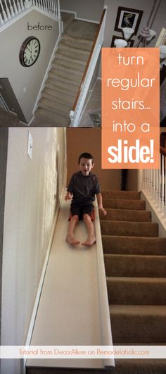 there is a boy sitting on the stairs in front of some stairs and an orange sign that says turn regular stairs into a slide