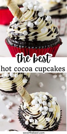 the best hot cocoa cupcakes with chocolate frosting and sprinkles