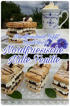 there are many different desserts on the table with words above them that read, moroni freisse mitte feuile