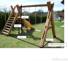 a wooden swing set with measurements for the swings and ladders on it's sides