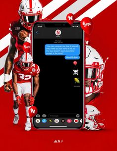 a red and white football player holding a cell phone with the texting message on it