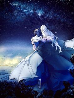 an anime scene with two people hugging under the stars in the night sky, and one person is wearing a long white dress