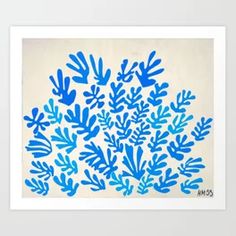 an abstract painting with blue leaves on a white background