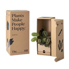 a cardboard box with a plant in it and the words plants make people happy inside