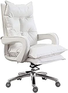 a white office chair with wheels and pillows on the backrest, against a white background