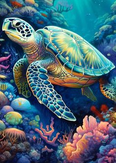 a painting of a turtle swimming in the ocean with corals and other marine life