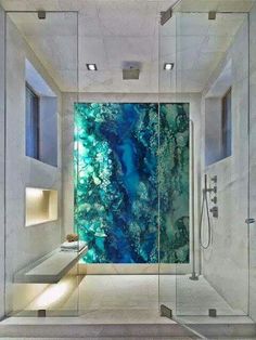 a bathroom with a large painting on the wall next to a bathtub and shower