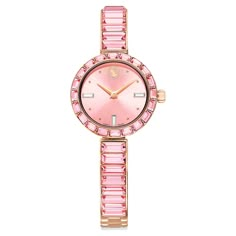 Elegance is amplified with crystals in this beautiful jewelry-inspired timepiece. The 25mm stainless steel design has a rose gold-tone finish and is encircled by a bezel with 20 baguette-cut pink crystals, while a single crystal is set within the crown. Baguette-cut crystals also highlight three index markers on the pink dial, which also features a swan logo at 12 o’clock. Around the wrist, the bangle-style bracelet is adorned with 16 baguette-cut crystals and is fully adjustable for a comfortab Crystal Watch, Swan Logo, Pink Watch, Bangle Watches, Pink Swarovski, Crystal Watches, Blue Watches, Rose Gold Watches, Bangles Style