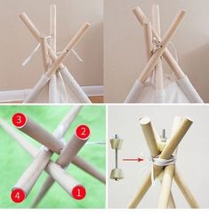 four pictures showing how to make a diy teepeed tent with wood sticks