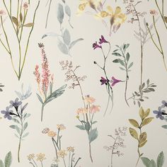 the wallpaper is decorated with flowers and plants in pastel colors, including pinks, purples, yellows, and green