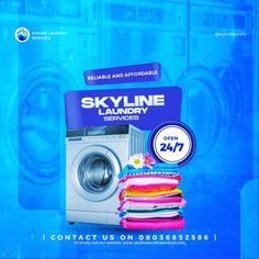 an advertisement for the skyline laundry service, with clothes stacked on top of each other