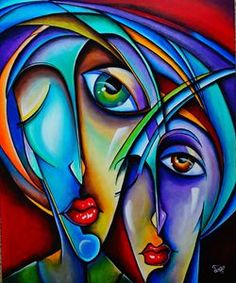 an abstract painting of two women's faces