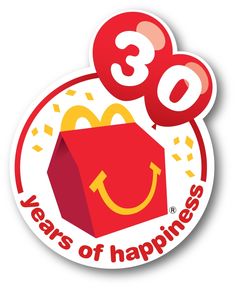 a sticker that says 30 years of happiness with balloons in the shape of a shopping bag