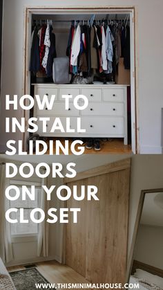 the inside of a closet with clothes hanging on it and an open door that says how to install sliding doors on your closet