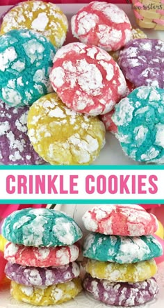 colorful cookies are stacked on top of each other with the words crinkle cookies above them