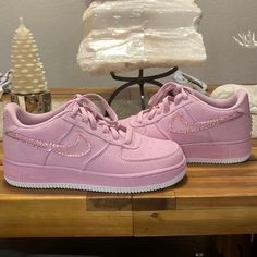 Nike Pink Corduroy Air Force 1’s With Pink Swarovski Crystals. One Of A Kind! Size 6.5 Y Women’s 8 Or 8.5. Brand New Never Worn Does Not Come With Original Box But Does Include A Nice Shoe Box. I’m An 8 They Fit But Would Also Fit 8.5 Custom Pink Nikes, Nike Women’s Shoes, Nike Leather Sneakers, Neon Nike Shoes, Nike Rosa, Swarovski Nike, Nike Shoes Women Fashion, Nike Leather, Pink Nike Shoes