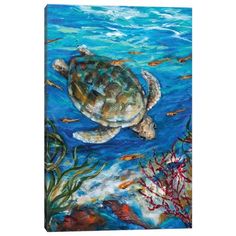 a painting of a sea turtle swimming in the ocean with corals and other fish