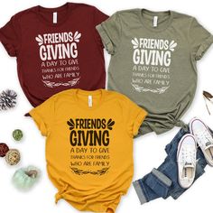 Happy Friendsgiving! Celebrate this holiday season with this fun Friendsgiving inspired Tshirt. Get your hands on this fabulous friendsgiving shirt now! The perfect shirt for your group of friends at Thanksgiving. THE SHIRT  This t-shirt is everything you've dreamed of and more. It feels soft and lightweight, with the right amount of stretch. It's comfortable and flattering for all. * Soft Cream & Medium Grey shirts come with a black graphic. Maroon, Navy, Heather Autumn, Olive & Teal come with a white graphic. * 100% combed and ring-spun cotton (Heather colors contain polyester) * Heather colors are 52% combed and ring-spun cotton, 48% polyester * Fabric weight: 4.2 oz (142 g/m2) * Pre-shrunk fabric * Side-seamed construction * Shoulder-to-shoulder taping THE SIZE: * Unisex Sweatshirt * S Friendsgiving T Shirt Ideas, Funny Friendsgiving Shirts, Kids Friendsgiving Shirt, Friends Tv Show Thanksgiving Shirt, Friendsgiving Shirts Ideas, Friends Themed Thanksgiving Shirts, Friendsgiving Shirts For Women, Friendsgiving Shirt Ideas, Friends Who Are Family