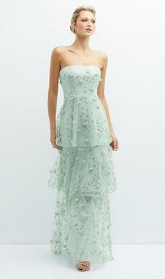 Strapless 3d Floral Embroidered Bridesmaid Dress With Tiered Maxi Skirt In Celadon | The Dessy Group Prom Dress Inspo, Floral Bridesmaid Dresses, Dessy Collection, Floral Bridesmaid, Tiered Maxi Skirt, Floral Embroidered Dress, Green Prom Dress, On Air, Gorgeous Gowns