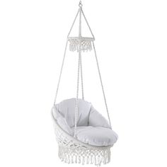 a white hanging chair with a grey cushion on the bottom and a round seat in the middle