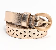 Add some subtle shine to any outfit with this faux leather metallic belt. From Complliments. Chic Leather Belt With Embroidery, Chic Embroidered Leather Belt, Gold Embroidered Leather Belt, Gold Adjustable Belt For Spring, Trendy Gold Belts For Spring, Gold Belt For Party Occasions In Spring, Elegant Gold Belt For Spring, Adjustable Belt For Formal Occasions In Spring, Adjustable Formal Belt For Spring