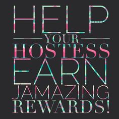 a poster with the words help your hostess earn amazing rewards in neon colors on a black background