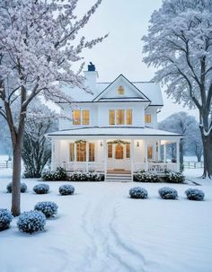 a white house with snow on the ground and trees around it in front of it