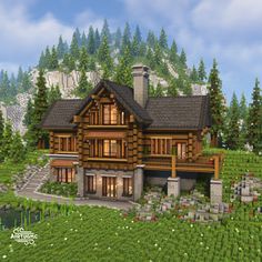 a large wooden house sitting on top of a lush green hillside