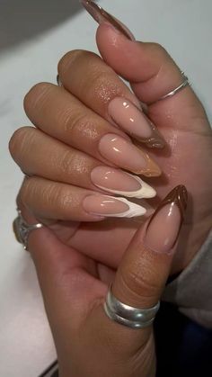 #fyp #nails #acrylic #acrylicnaildesigns #brown #brownnails Aesthetic Nails For Dark Skin, Melanin Nails Acrylic, Light Brown Almond Acrylic Nails, Brown On Brown Nails, Natural Thanksgiving Nails, Gray Almond Nails Design, Ref Nails Ideas, Apricot Color Nails, Dark Skinned Nails