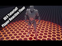 a futuristic man standing in front of an array of hexagonal tiles with the text,