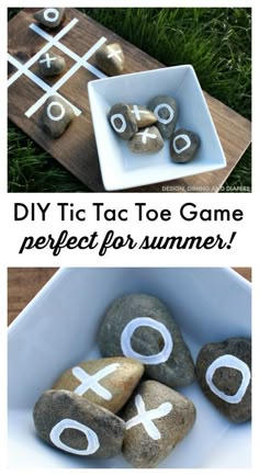 some rocks are in a bowl with letters on them and the words diy tic tac toe game perfect for summer