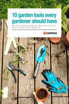 gardening tools sitting on top of a wooden deck next to potted plants and flowers