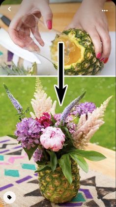 someone cutting up flowers in a pineapple vase