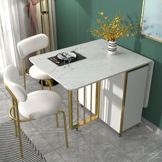 a dining room table with chairs and a vase filled with yellow flowers on the top