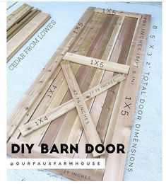 the diy barn door is made out of wood and has measurements for each piece