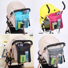 four different pictures of a baby stroller with various items in the front and back