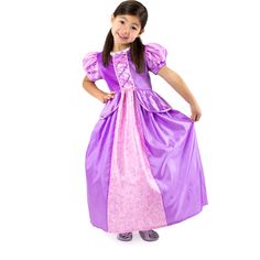 Your little princess can let their hair down in this gorgeous, comfortable Rapunzel princess dress. This adorable dress is the perfect addition to your little princess's magical costume wardrobe. The dress begins with a super-soft crushed velvet bodice, puffy princess sleeves, and eye-catching pink and purple trims. The skirt is not only comfortable and non-itchy, but features a gorgeous leaf pattern that ties the whole outfit together. | Rapunzel (Purple, Size 5-7Y) by Little Adventures | Kids Princess Costumes Kids, Rapunzel Purple, Accessories Matching, Rapunzel Princess, Rapunzel Costume, Rapunzel Dress, Princess Dress Kids, Princess Sleeves, Princess Dress Up