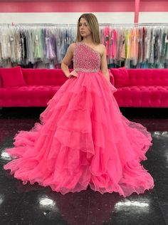 Introducing the Samantha Blake 1025 Girls Long Pageant Dress. Made with Chiffon Ruffle layers and a one shoulder design, this gown exudes elegance and sophistication. Perfect for formal events and pageants, your little girl will shine and feel like a princess in this stunning dress. Sizes: 2-16 Colors: Neon Pink, Lilac Pink Ruffled Pageant Dress For Wedding, Pink Ruffled Pageant Dress For Birthday, Princess Style Pageant Dress With Ruffles, Fitted, Pink Ruffle Pageant Dress For Dress-up, Pink Ruffled Ball Gown Pageant Dress, Pagent Dresses, Pageant Dress, Pretty Prom Dresses, Chiffon Ruffle