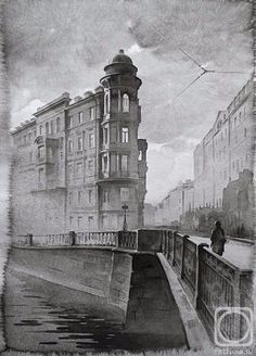 a drawing of a man flying a kite over a bridge in front of some buildings