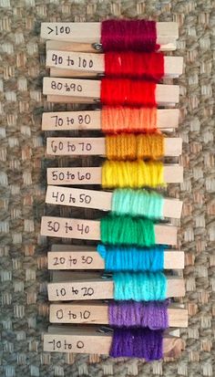 several skeins of yarn are arranged in rows and labeled with numbers on them