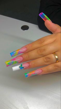 Freestyle French Tip Acrylic Nails, Colorful Vacation Nails Acrylic, Bottom Nail Design, Sza Concert Nails, Baddie Spring Nails, Extra Acrylic Nails Designs, Full Color Nails, Colorful Nails Acrylic, Spring Long Nails