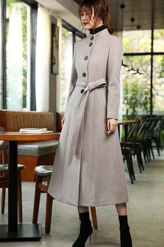 Elevate your winter wardrobe with our Stand Collar Single Breasted Flared Wool Blend Long Coat. Made from a luxurious wool blend, this single breasted coat features a stand collar and belted waist for a chic and flattering fit. The fit & flare style adds a touch of sophistication, making this long coat a must-have for any fashion-forward woman. Stay warm and stylish all season long! ●Single-breasted button closure●Stand collar ●Lined ●Front welt pockets ●Removable tie belt ●50% wool and polyeste Winter Coat For Women, Winter Long Coat, Gray Cashmere, Coat Autumn, Single Breasted Coat, Wool Blend Coat, Woolen Coat, Cashmere Coat, Winter Coats Women