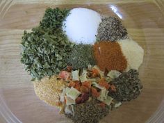 an assortment of spices and seasonings in a bowl