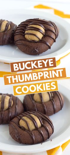 these cookies are covered in chocolate and peanut butter icing with the words buckeye thumpprint cookies on top