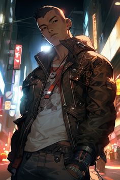 a man standing in the middle of a city at night with his hands in his pockets