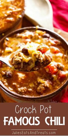 a spoon full of crock pot famous chili is being held over the bowl