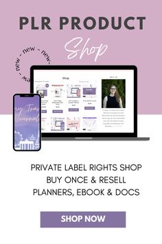 a laptop and phone with the text private label rights shop, buy once & resell planners, book & docs