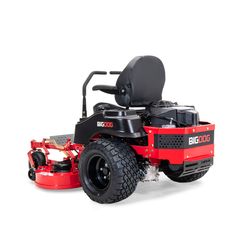 a red riding lawn mower sitting on top of a white surface with the wheels down