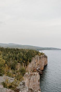 a person standing on top of a cliff next to the ocean with trees in the background