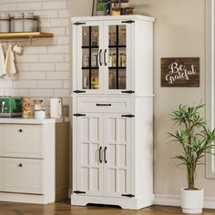 a white cabinet with glass doors in a kitchen next to a potted bamboo plant